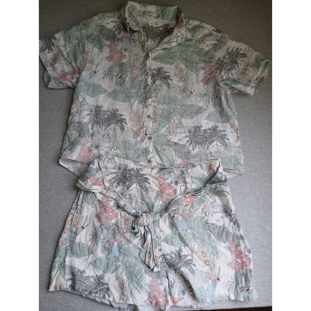 Artisan Shirt Medium Short Set Linen Button Down Beach Cruise Resort Bohemian
